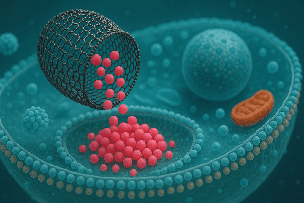 Nanoscale view inside a living cell showing a carbon nanotube releasing bright pink drug molecules into the cellular environment, with visible organelles like the nucleus and mitochondrion, depicting targeted drug delivery using nanotechnology.