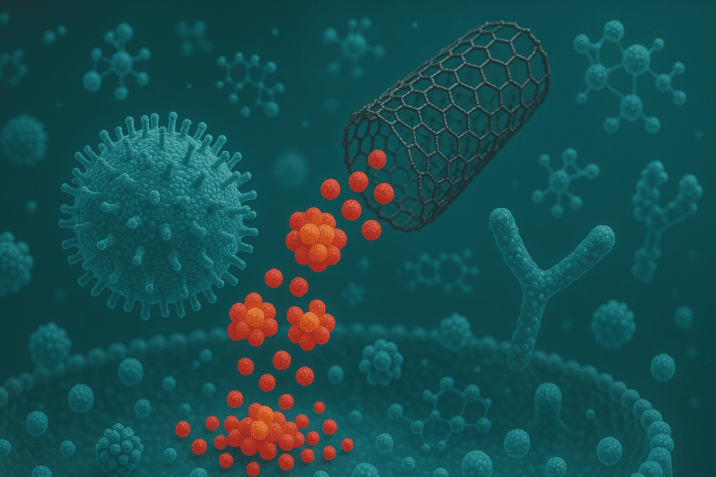 Detailed visualization of a carbon nanotube dispersing colorful molecular clusters near a virus-like particle and Y-shaped antibody structures, representing molecular interactions and targeted therapy in nanomedicine.