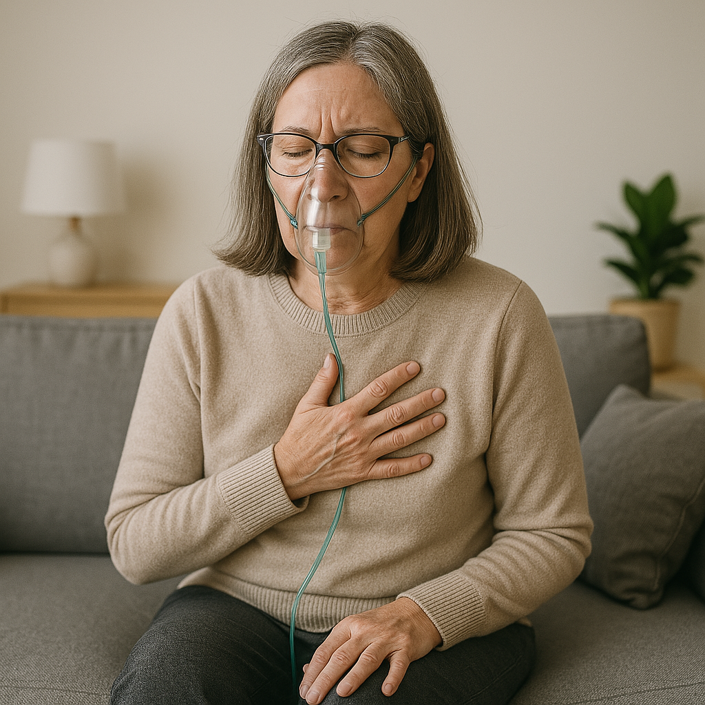 Middle-aged woman wearing an oxygen mask and placing her hand over her heart, illustrating respiratory and cardiovascular challenges in heart failure patients.