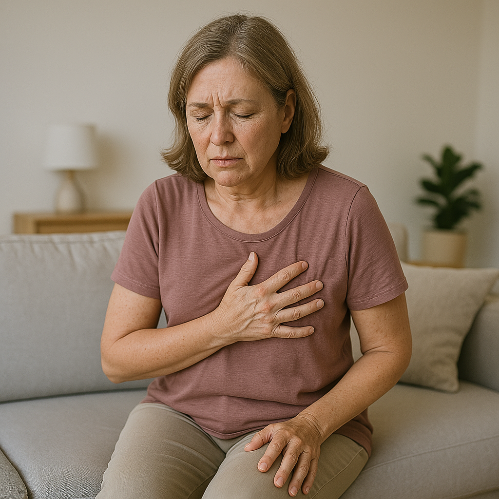 Woman in her 40s with eyes closed and hand over her heart, expressing discomfort and fatigue commonly experienced in heart failure.