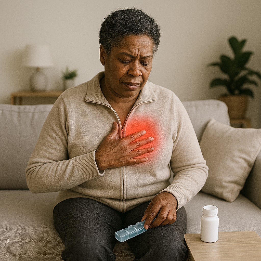 African American woman holding her chest with a red glow symbolizing heart pain, alongside a pill organizer and medication bottle, representing daily heart failure management.