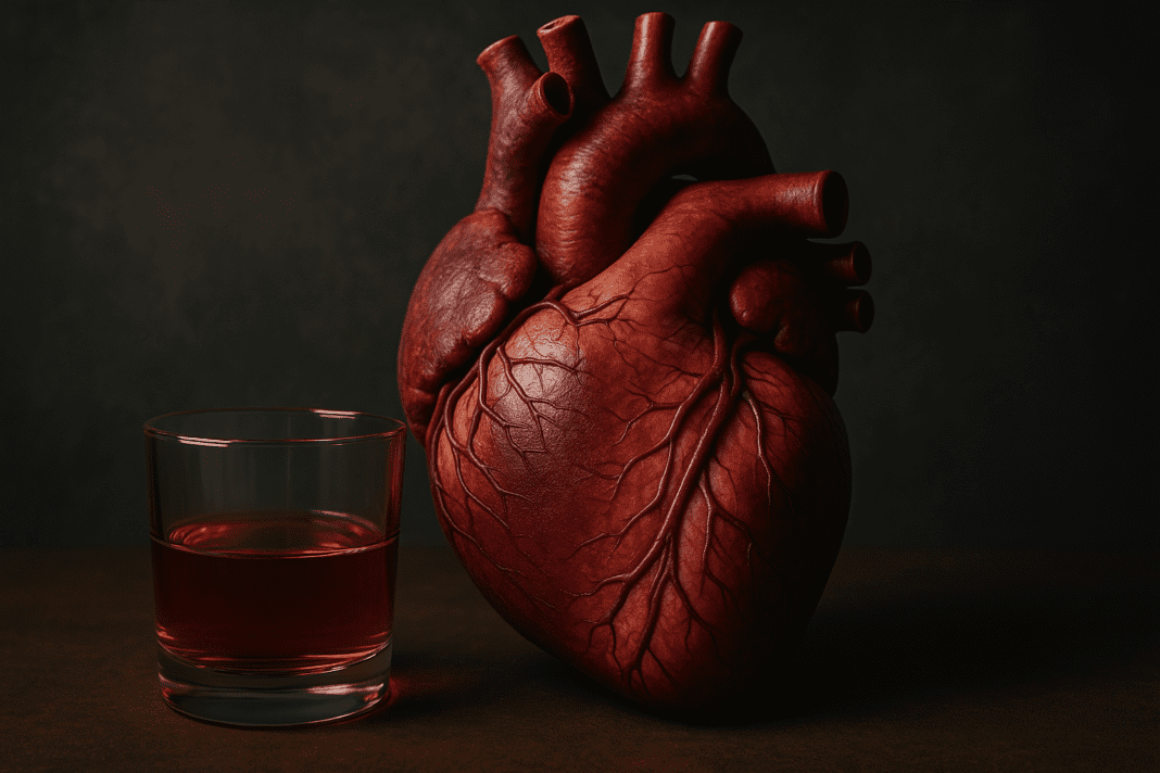 A realistic anatomical heart model sits beside a glass of whiskey under dramatic lighting, symbolizing the impact of alcohol on cardiovascular health.