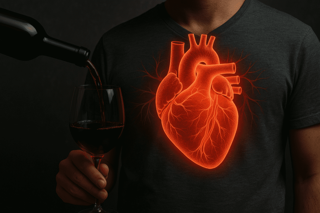 Red wine pours into a glass as a glowing digital illustration of a human heart appears on a man's chest, representing alcohol’s direct effect on heart function.