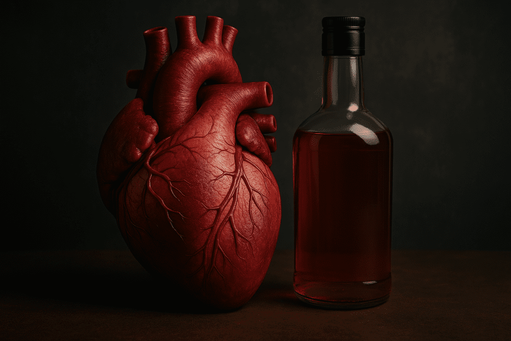 A lifelike human heart is placed next to a bottle of amber alcohol, visually highlighting the contrast between heart health and alcohol consumption.