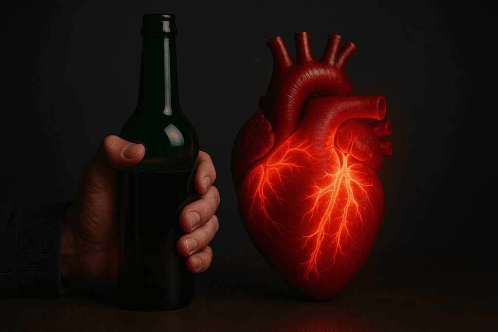 A hand holds a green alcohol bottle beside a glowing human heart, emphasizing the visual tension between drinking and heart disease risk.