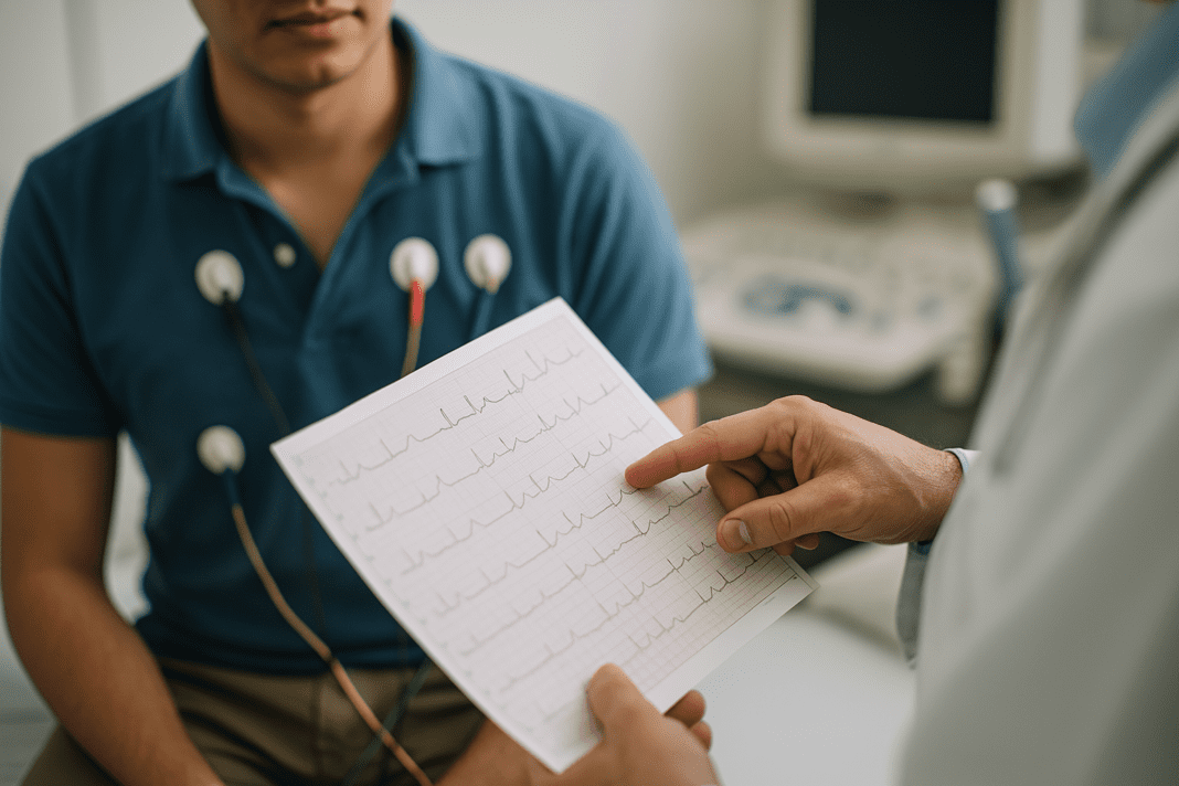 A close-up scene of a young male patient undergoing an electrocardiogram (ECG) test, with electrodes attached to his chest, while a doctor points to the printed ECG results showing heart rhythms inside a clinical setting.