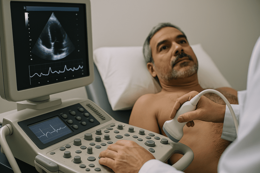 A healthcare professional conducts a cardiac ultrasound on a middle-aged male patient lying on an exam table, with the ultrasound monitor displaying a real-time echocardiogram of the heart’s chambers and rhythms.