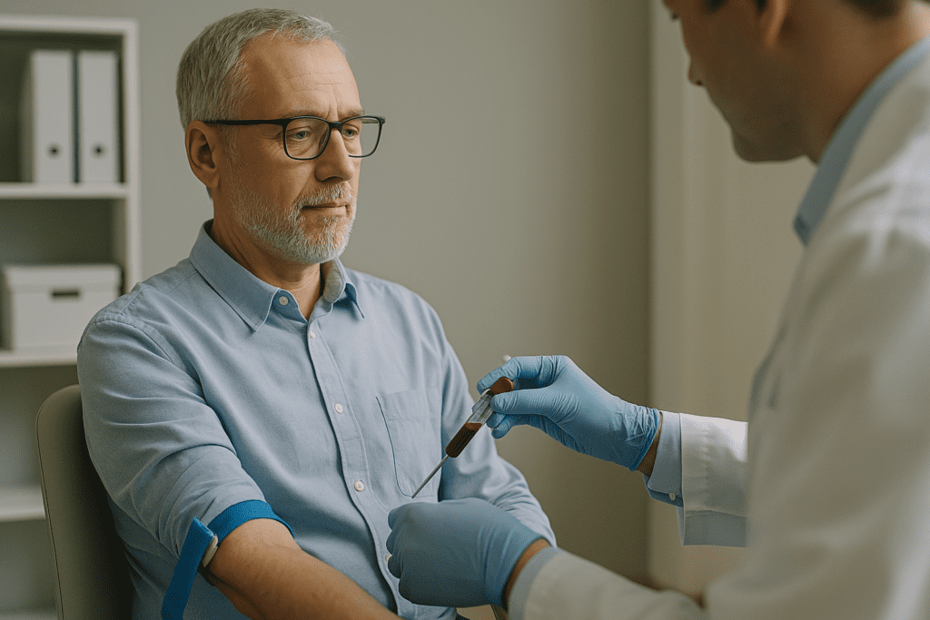 A healthcare worker wearing gloves draws blood from an older male patient in a clinical setting, with a red-capped test tube collecting the blood for diagnostic testing related to heart health.