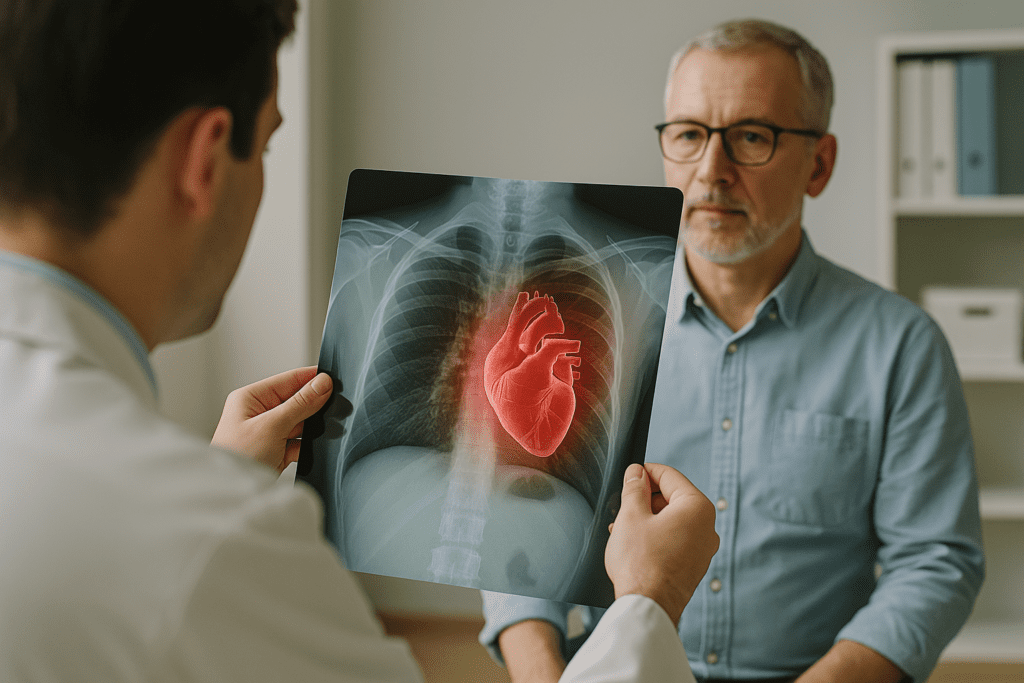 A doctor holds up a chest X-ray with a red-highlighted heart as an older male patient looks on attentively in a well-lit medical office, illustrating cardiac imaging for heart disease diagnosis.