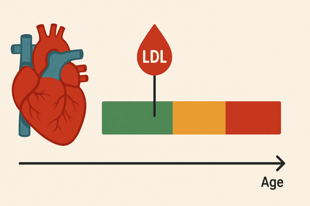 Illustration of a human heart next to a horizontal bar showing LDL cholesterol levels by age, color-coded in green, yellow, and red to indicate normal, borderline, and high levels.