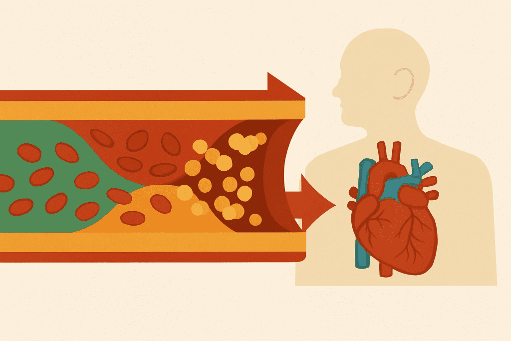 Cross-section of a blood vessel showing cholesterol buildup with red blood cells and plaque, connected to a human heart and elderly male silhouette to highlight cardiovascular impact.