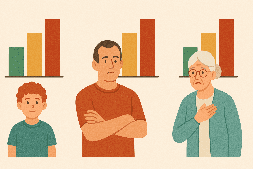 Three people of different ages—child, adult, and senior—each standing beside bar charts in green, yellow, and red, representing age-related LDL cholesterol levels.