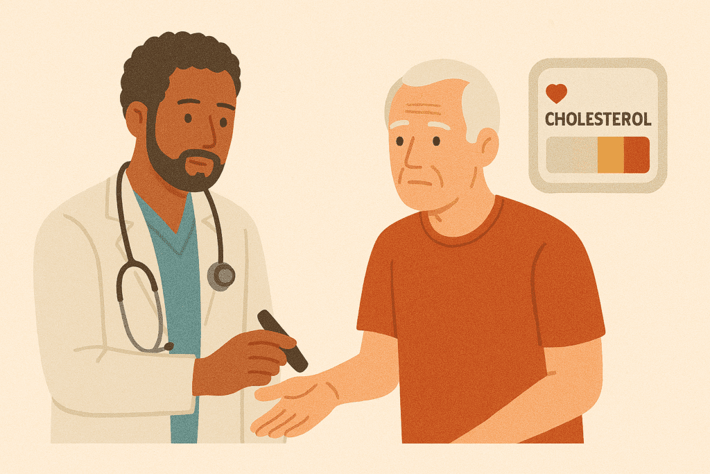 Doctor checking an older patient’s cholesterol with a finger prick, alongside a cholesterol meter icon showing high LDL levels in red, illustrating heart health monitoring.