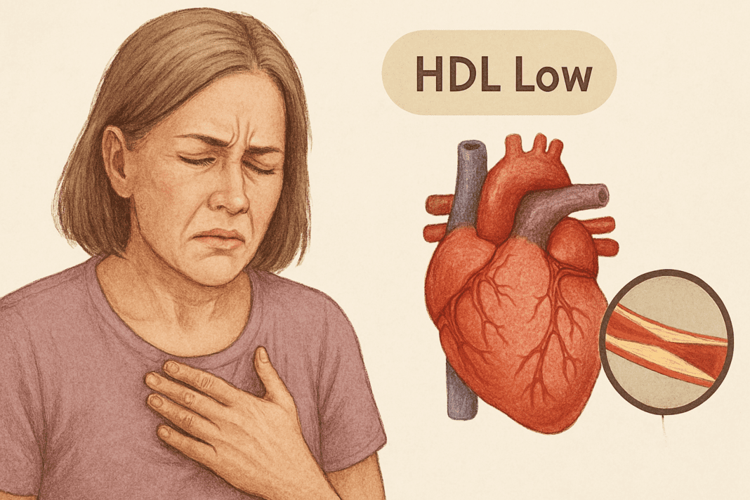 Middle-aged woman clutching her chest in discomfort, with a detailed heart and artery diagram beside her illustrating the impact of low HDL cholesterol on cardiovascular health.