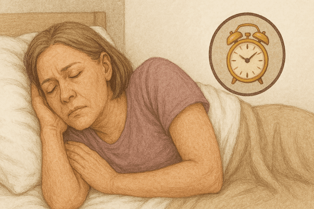Woman peacefully sleeping in bed with a concerned expression, symbolizing fatigue or sleep disturbances linked to low HDL cholesterol levels.