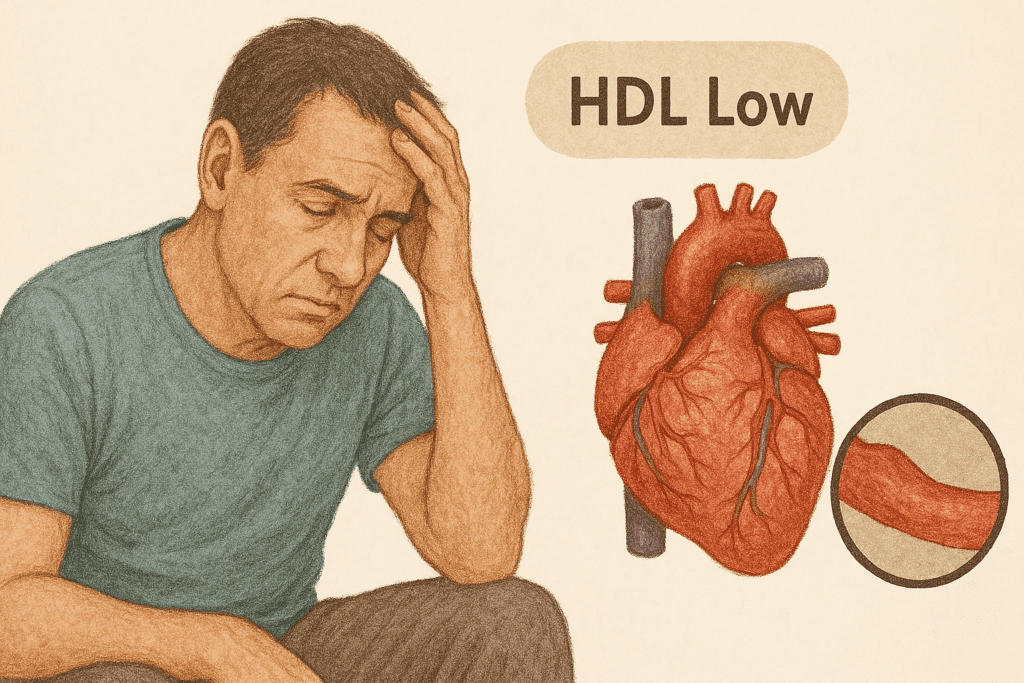 Middle-aged man seated with a distressed expression, accompanied by a detailed heart and blood vessel illustration highlighting low HDL cholesterol.