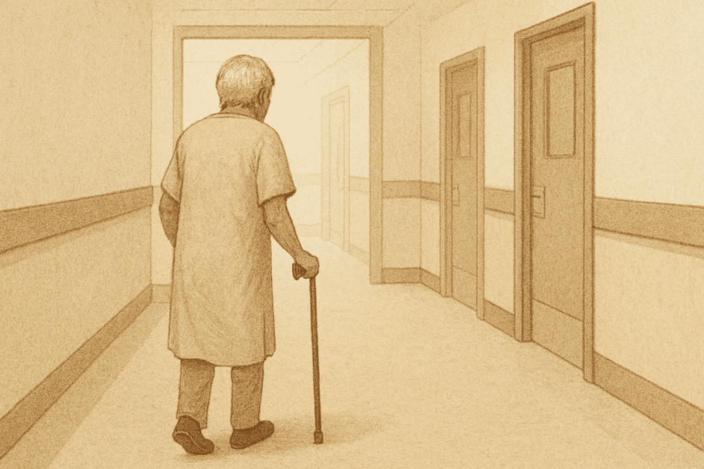 Elderly person with a cane walking slowly down a hospital hallway, symbolizing physical frailty and weakness often associated with extremely low cholesterol levels.