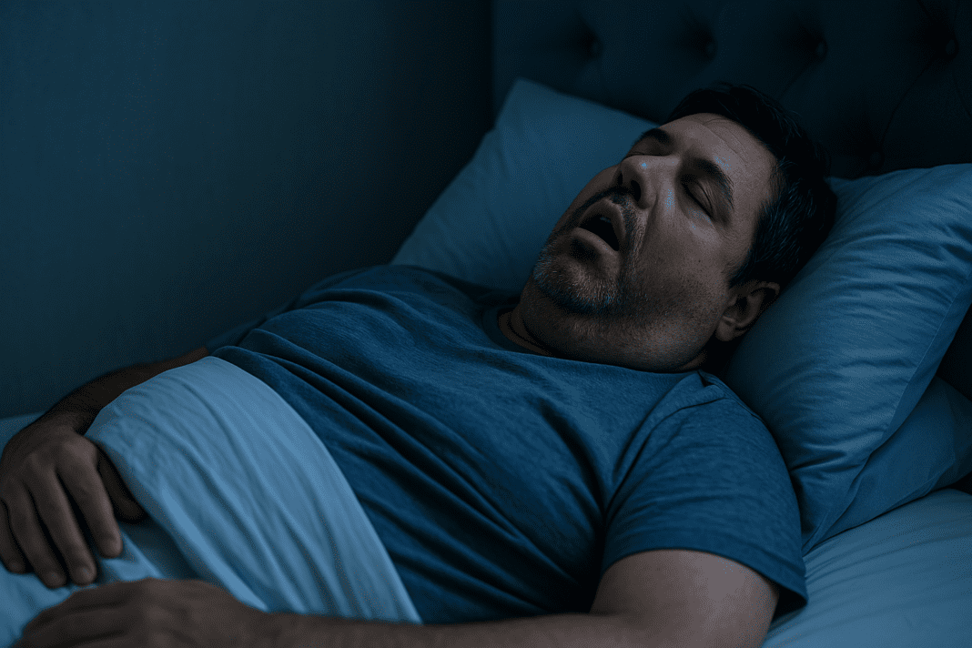 A middle-aged man with sleep apnea lying on his back in bed, mouth open and appearing to struggle with breathing during sleep, illustrating the physical signs of obstructed airflow that can impact heart health.
