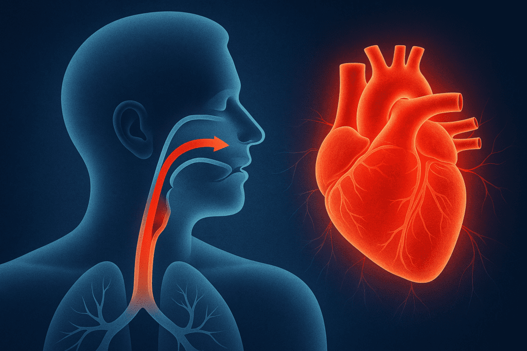 A digital medical illustration showing a human profile with highlighted upper airway and lungs in blue, contrasted with a glowing red heart, symbolizing the physiological connection between breathing pathways and cardiovascular function in sleep apnea.