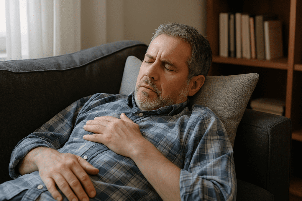 A middle-aged man sleeping on a couch with a hand on his chest, depicting daytime fatigue and disrupted rest commonly associated with sleep apnea and its potential cardiovascular consequences.