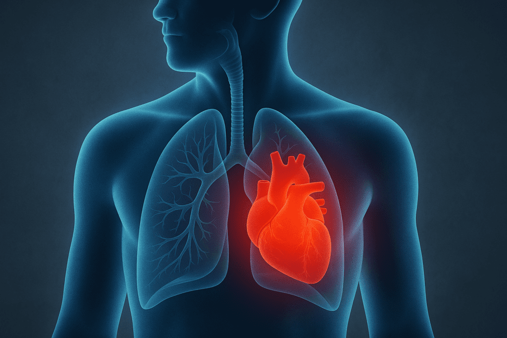 A digital anatomical illustration showing the human chest with transparent lungs and a highlighted red heart, representing the physiological link between respiratory function and cardiovascular stress in sleep apnea.