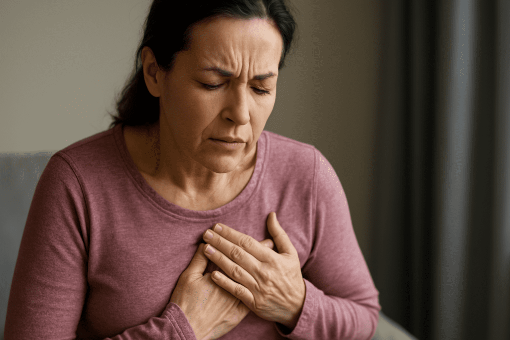 A middle-aged woman in a pink shirt clutching her chest with both hands, eyes closed and brow furrowed in pain, illustrating early heart attack symptoms and chest discomfort commonly experienced by women.