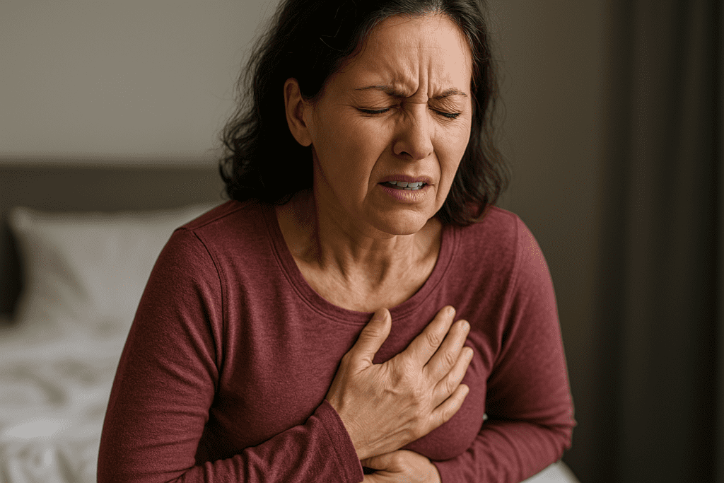 A middle-aged woman grimacing in pain with her eyes tightly shut and hand pressed to her chest, sitting in a bedroom setting, representing early warning signs of a heart attack in women.