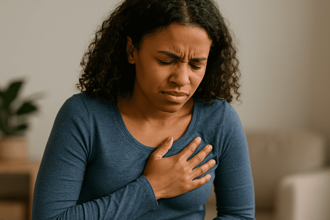 A young African-American woman with curly hair sitting indoors, pressing her hand to her chest with a pained expression, depicting early signs of a heart attack in women.