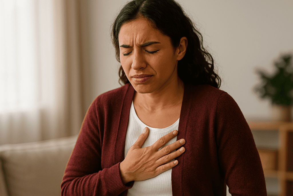 A young South Asian woman wearing a burgundy cardigan and white shirt, eyes closed and hand over her chest in discomfort, representing early signs of a heart attack in women.