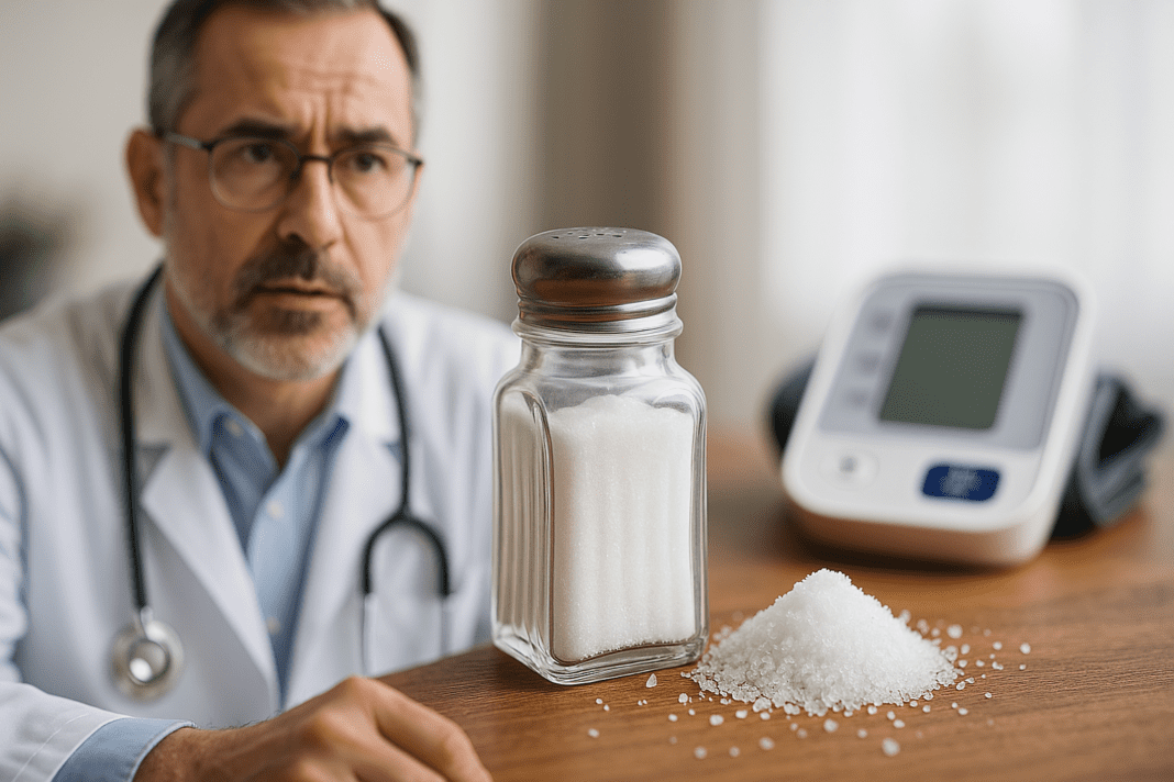 Middle-aged male doctor in a white coat sitting beside a salt shaker and digital blood pressure monitor, symbolizing the connection between sodium intake and hypertension.