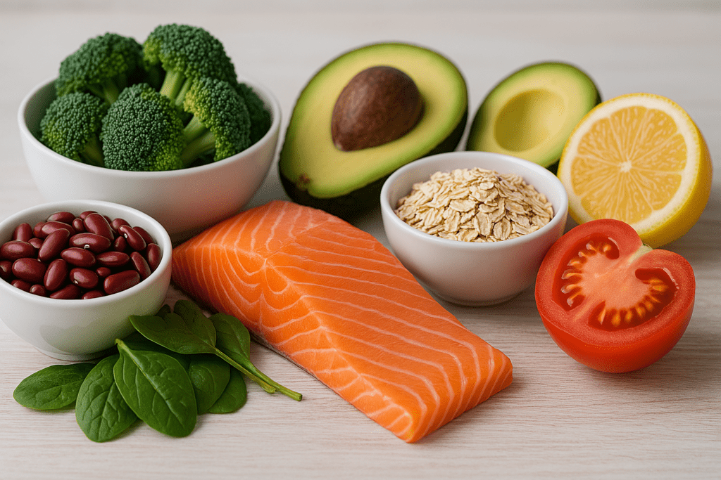 Assortment of fresh, low-sodium, heart-healthy foods including salmon, broccoli, avocado, kidney beans, oats, spinach, lemon, and tomato arranged on a light wooden surface.