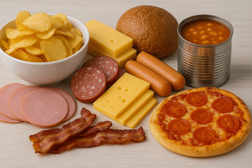 High-sodium processed foods including potato chips, deli meats, cheese, bacon, sausages, canned soup, bread, and pepperoni pizza displayed on a wooden table.