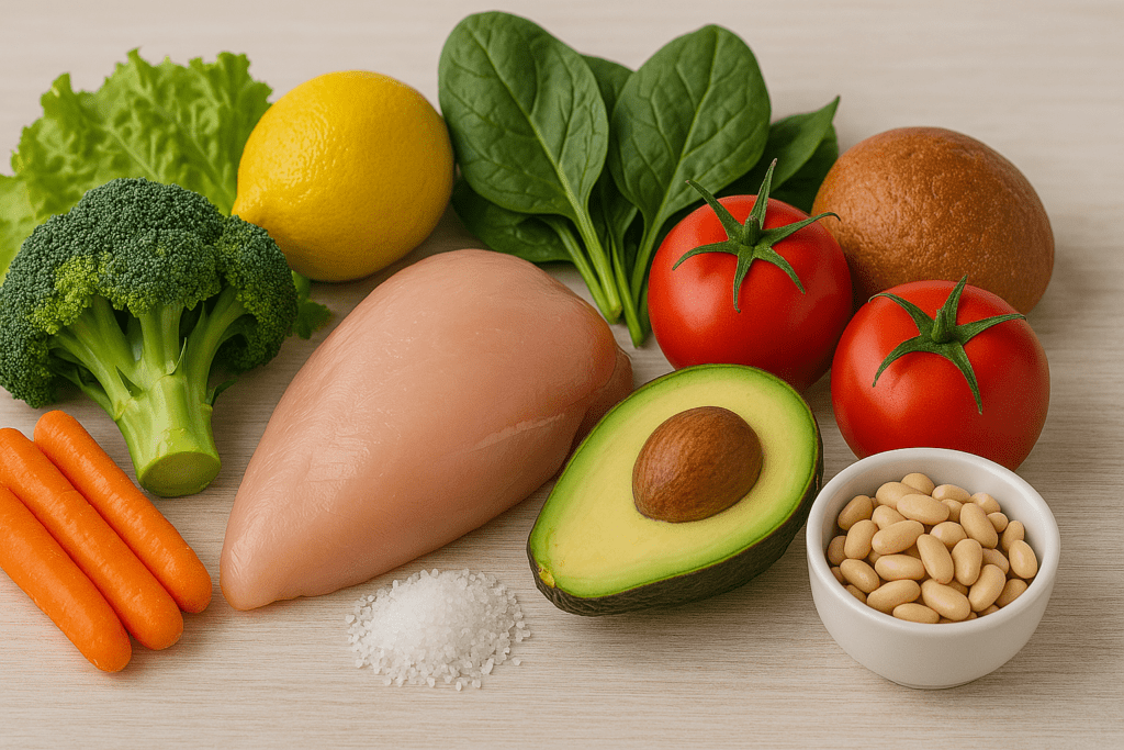 Fresh ingredients for a low-sodium diet such as raw chicken breast, avocado, tomatoes, spinach, broccoli, carrots, white beans, lemon, lettuce, and whole grain bread.
