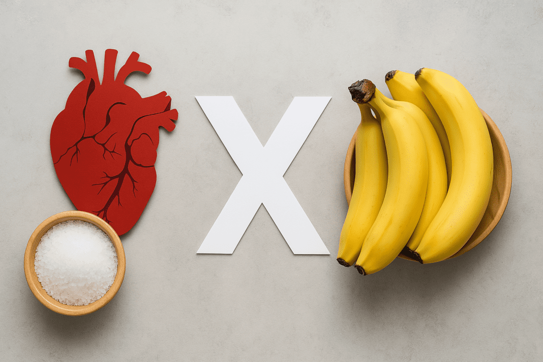 A red anatomical heart cutout beside a bowl of salt and a bunch of bananas, separated by a white X symbol on a gray background, symbolizing the balance between sodium and potassium for heart health.