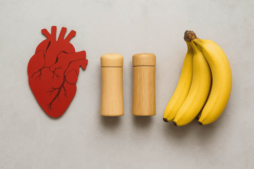 A red heart cutout next to wooden salt and pepper shakers and ripe bananas on a neutral background, visually representing the contrast between sodium and potassium in heart-healthy diets.