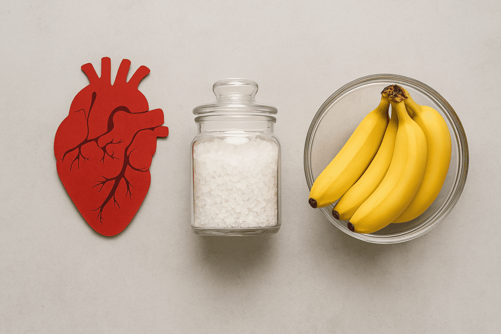 A red heart shape placed beside a clear glass jar of salt and a bowl of bananas, highlighting the importance of reducing sodium and increasing potassium intake for cardiovascular well-being.