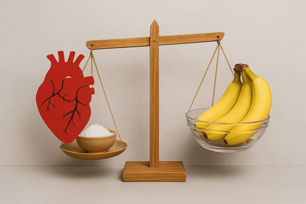 A wooden balance scale with a heart and salt on one side and bananas on the other, illustrating the dietary equilibrium between sodium and potassium for maintaining heart health.