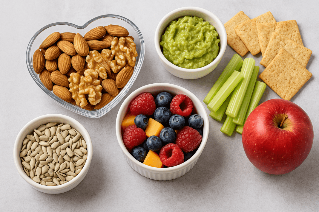 Heart-healthy low sodium snacks including a heart-shaped bowl of almonds and walnuts, guacamole, sunflower seeds, fresh fruit salad with raspberries, blueberries, and cantaloupe, celery sticks, whole-grain crackers, and a red apple on a light gray background.