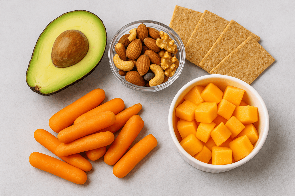 Top-down view of low sodium heart-healthy snacks featuring a halved avocado, baby carrots, cantaloupe cubes, mixed nuts in a glass bowl, and whole-grain crispbreads arranged on a neutral surface.