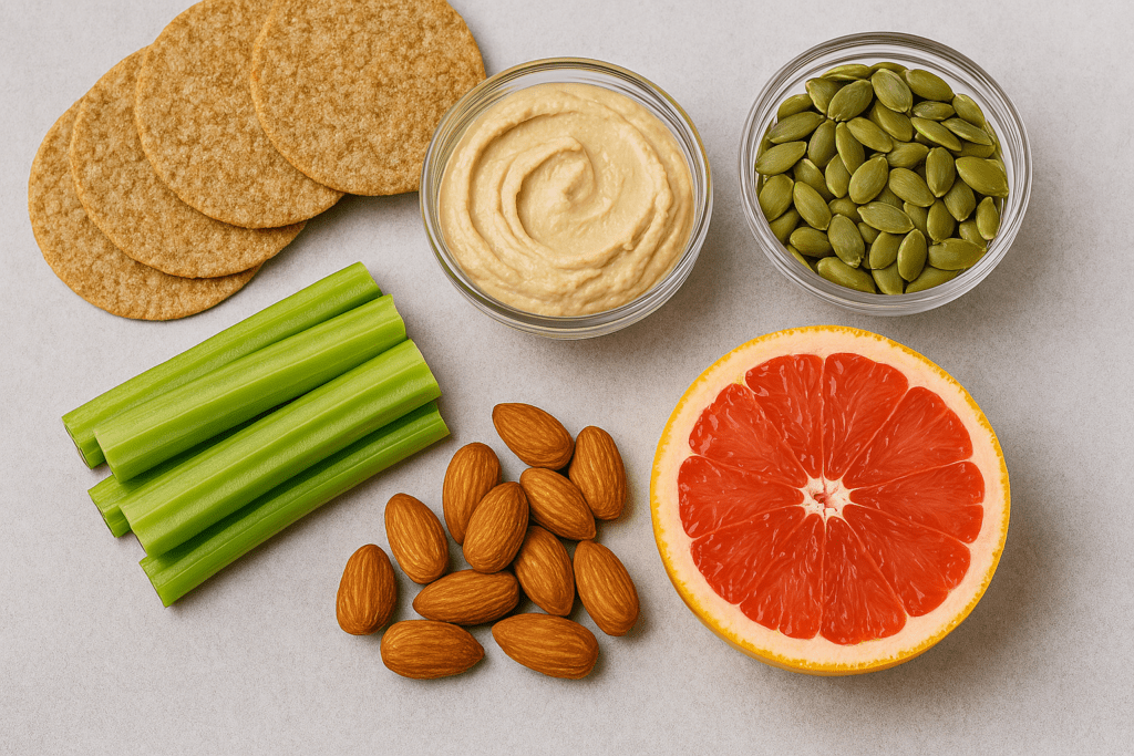 A flat-lay arrangement of heart-healthy snacks including round crispbread crackers, hummus, green pumpkin seeds, celery sticks, almonds, and a halved grapefruit, all on a light gray background.