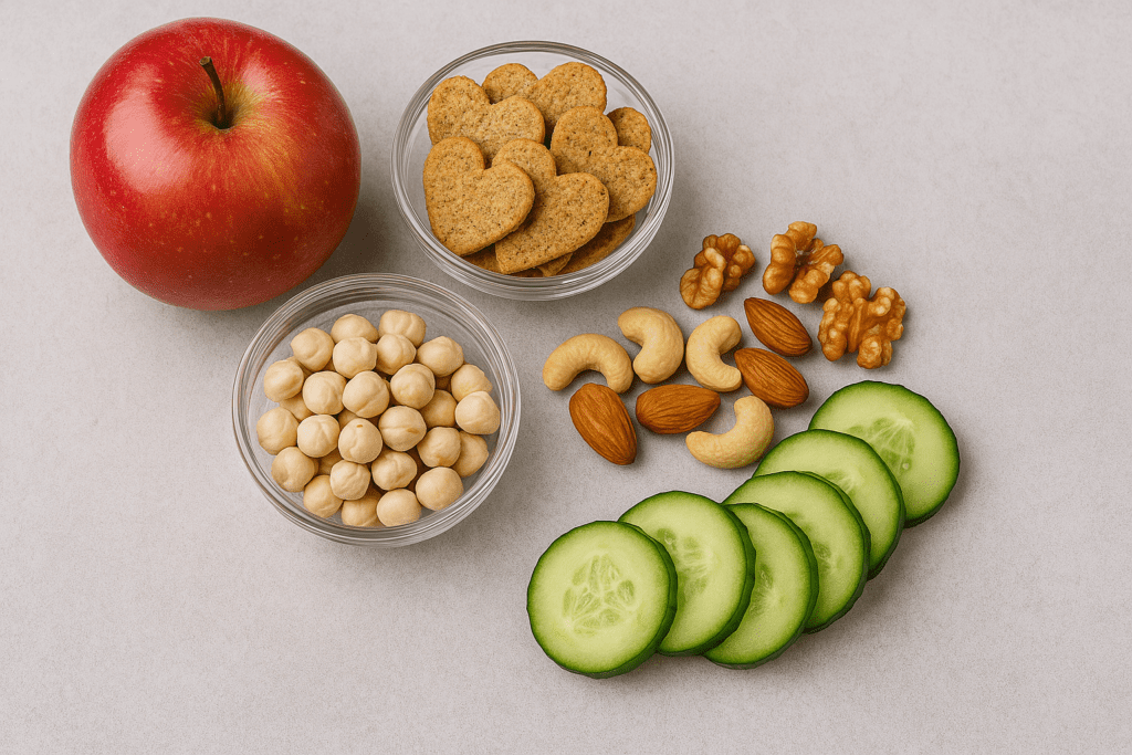 Heart-healthy snack selection with a red apple, chickpeas, heart-shaped whole-grain crackers, mixed nuts, and fresh cucumber slices, displayed neatly on a soft gray textured surface.