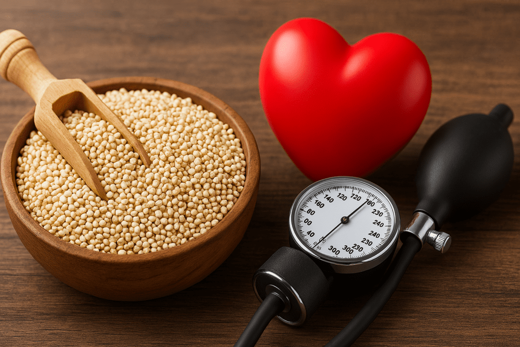 Wooden bowl filled with uncooked quinoa beside a red heart model and blood pressure monitor on a rustic wooden table, symbolizing quinoa’s heart health benefits.