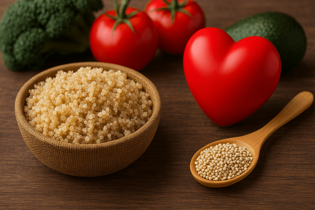 Cooked quinoa in a textured bowl with fresh vegetables like tomatoes, broccoli, avocado, and a red heart on a wooden surface, representing quinoa as part of a heart-healthy diet.