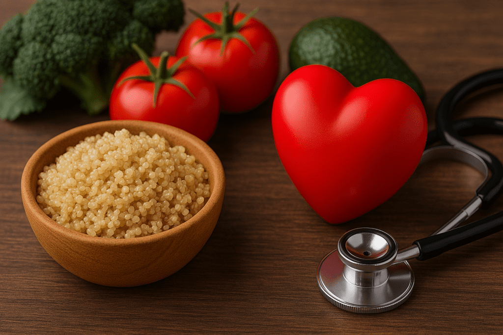 Quinoa in a wooden bowl surrounded by heart-friendly foods such as tomatoes, avocado, broccoli, a red heart, and a stethoscope, highlighting quinoa’s potential to support blood pressure control.