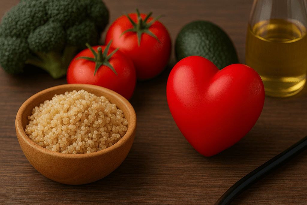 Bowl of cooked quinoa with fresh vegetables, a red heart, and olive oil on a wooden background, illustrating quinoa as a nutritious food for managing high blood pressure naturally.