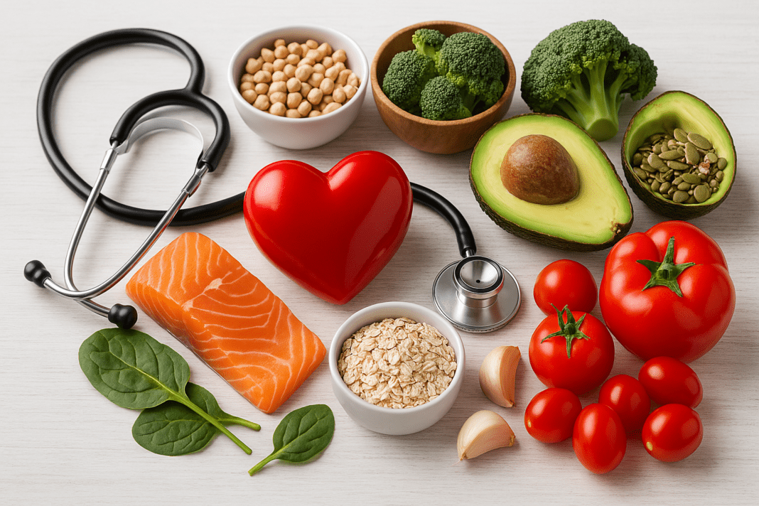 Heart-healthy foods including salmon, avocado, tomatoes, oats, spinach, and broccoli arranged around a red heart and stethoscope on a white surface, symbolizing cardiovascular health through nutrition.