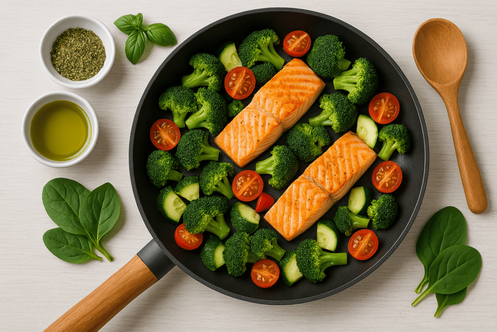 Non-stick skillet filled with seared salmon fillets and colorful vegetables like broccoli, zucchini, and cherry tomatoes, surrounded by olive oil, herbs, and spinach on a wooden countertop.