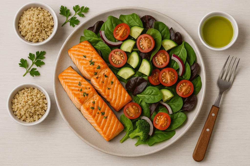 Grilled salmon fillets served with a fresh salad of spinach, cherry tomatoes, cucumber, and red onion, alongside quinoa, parsley, and olive oil, presented on a rustic plate for a heart-healthy meal.