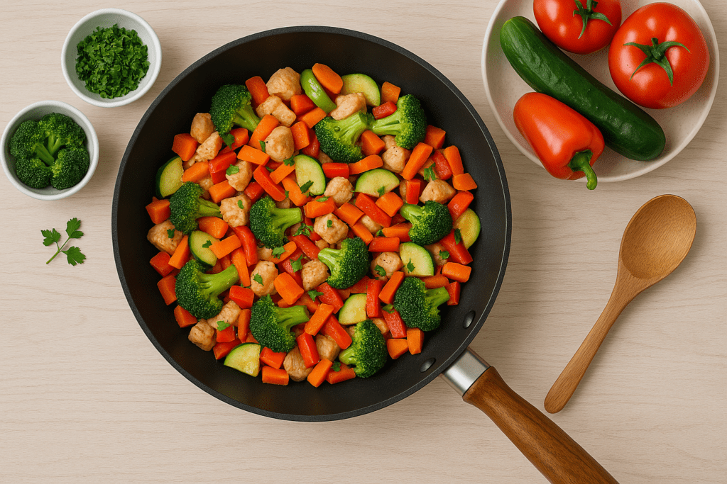 Colorful vegetable stir-fry with chicken, broccoli, carrots, red pepper, and zucchini cooking in a non-stick pan, surrounded by fresh tomatoes, parsley, and a wooden spoon on a kitchen surface.