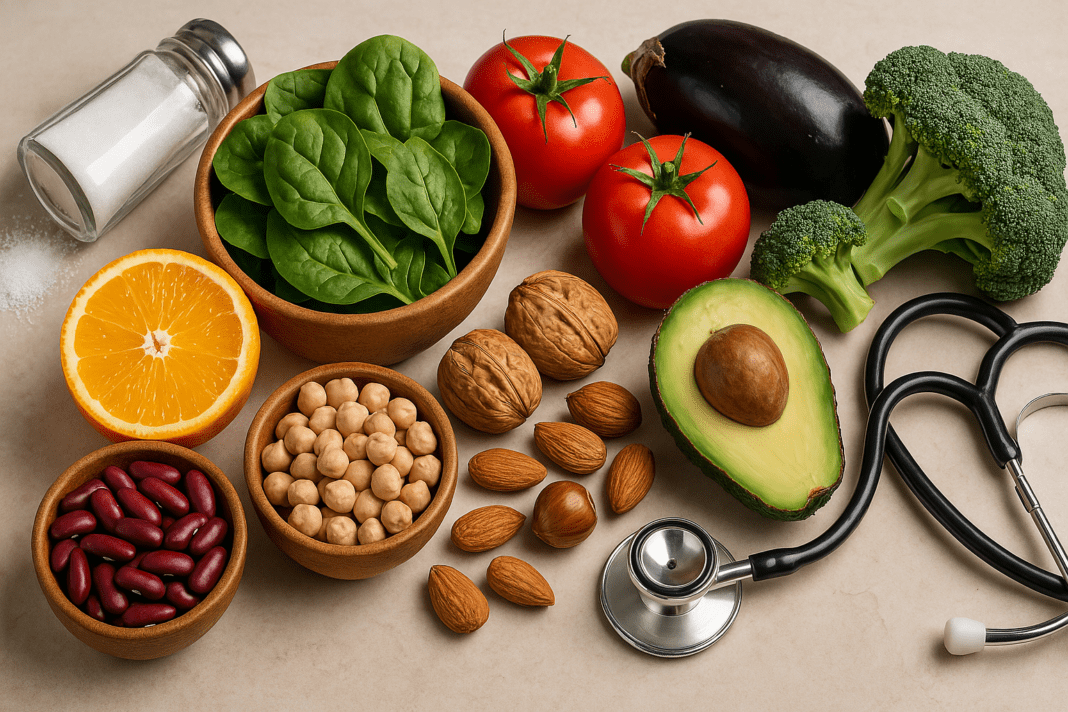Heart-healthy foods including spinach, avocado, tomatoes, broccoli, nuts, legumes, and a stethoscope displayed on a beige background as natural salt substitutes for managing high blood pressure.